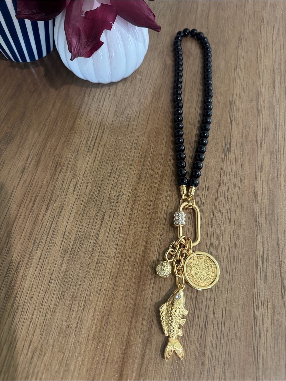 Gold Fish Charm Beaded Obsidia Necklace - Black and Gold Statement Necklace